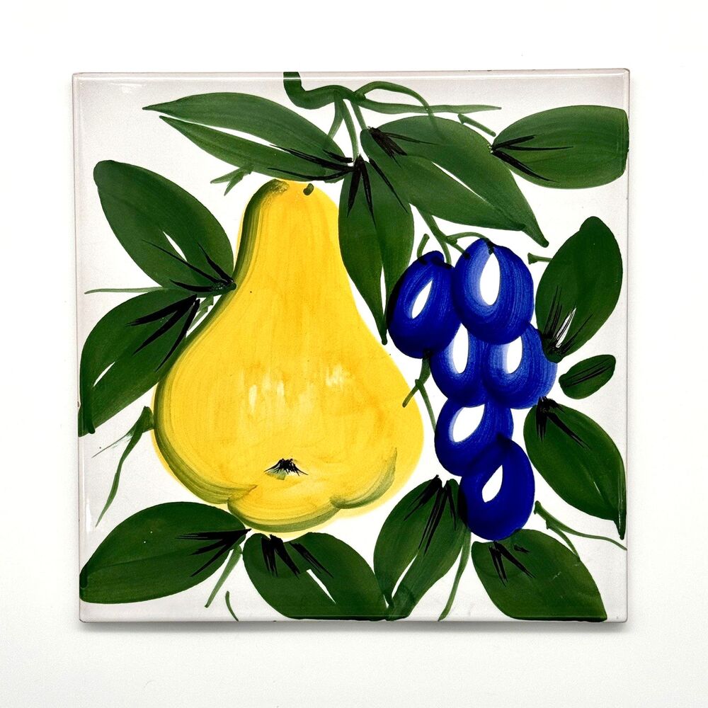 Vintage COTTO PETRUS Italian Hand Painted Ceramic Art Tile - Pear Grapes Trivet